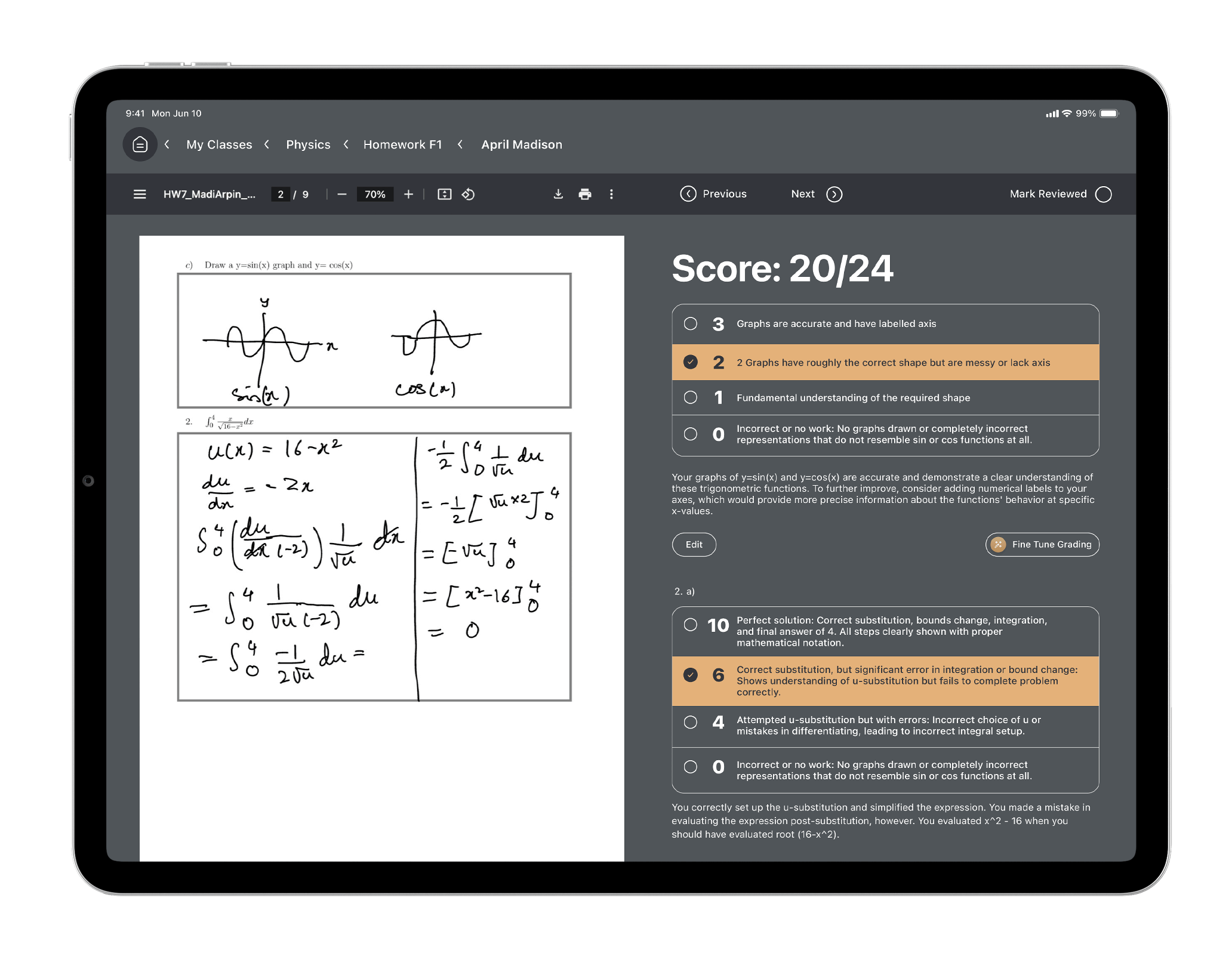 GradeWiz iPad interface showing detailed math grading with rubric
